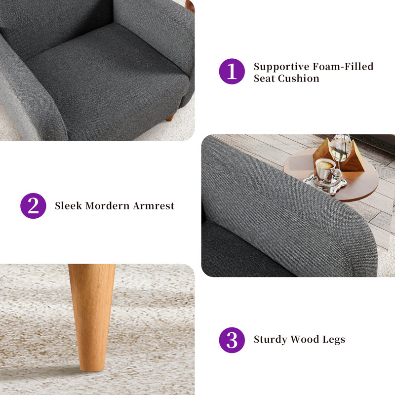 68cm Wide Modern Fabric Armchair with Wooden Legs and Soft Upholstered Seat (Set of 2), Dark Grey