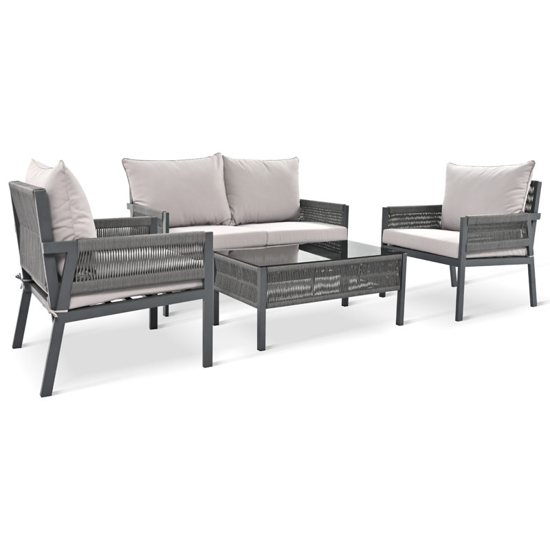 K&K 4-Piece Rope Patio Furniture Set, Grey, White