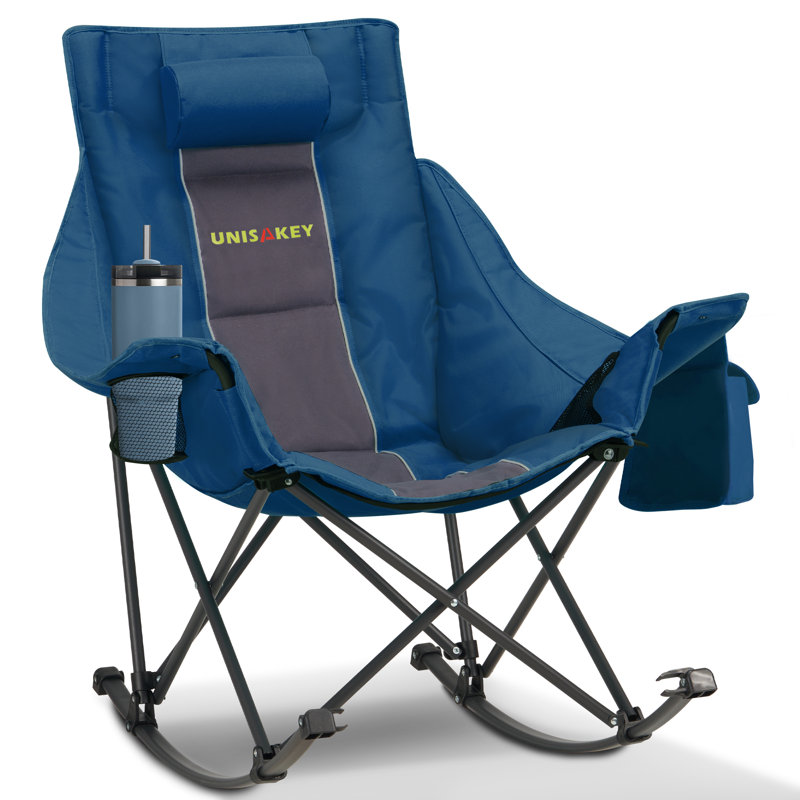  Fauteuil de camping berçant surdimensionné pliable pour l'extérieur avec porte-gobelet, support 300 lb, Gris foncé / bleu