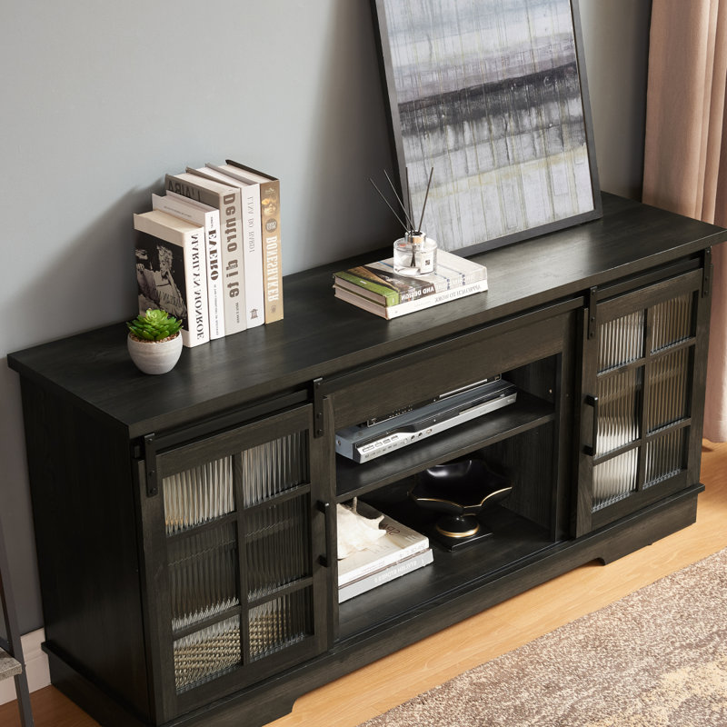Sliding Door TV Stand Large Storage Cabinet With 2 Sliding Fluted Glass Tempered Doors, Gray