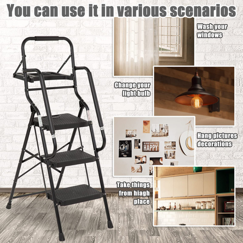 Échelle à 3 marches avec mains courantes, échelle pliable de 330 lb avec plateforme à outils, escabeau robuste avec pédale large antidérapante, petite échelle géante pour la maison