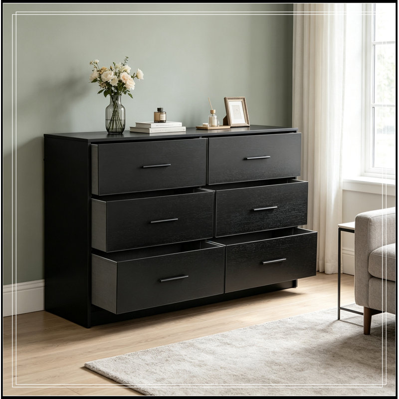 Commode d'appoint en bois avec 6 tiroirs et poignées en métal, Noir