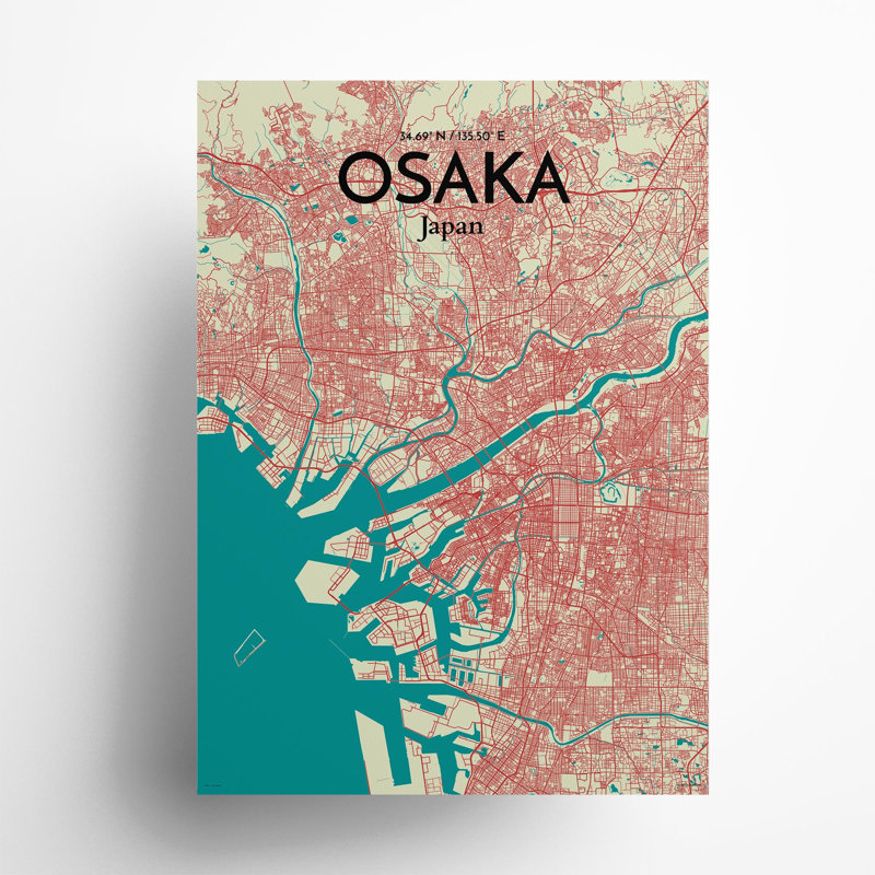 Osaka City Map In Tricolour - No Frame Print, 27.6cm H x 19.7cm W x 0.05cm D