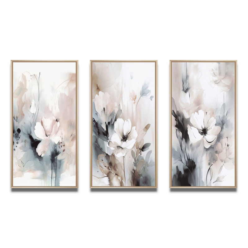 «Delicate Gray Flowers», 3 pièces sur toile, Cadre naturel flottant, H 20 po x l 36 po