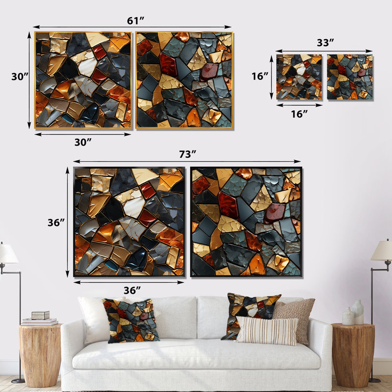Cubic Mosaic Marble Tiles I - Ensemble de 2 impressions sur toile abstraites, Cadre noir, H 16 po x l 33 po x P 1 po