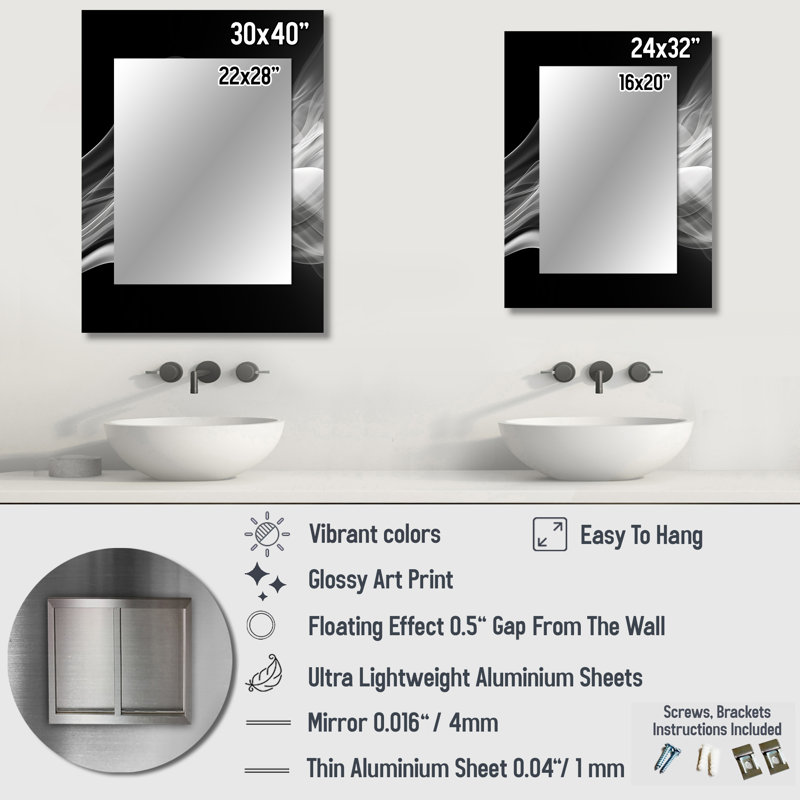 Black White Contemplative Abstraction II - Modern Rectangular Wall Mirror, 32 po x 24 po