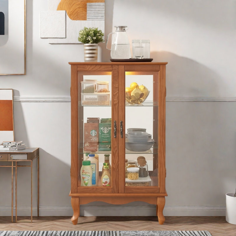 Curio Cabinet With 2 Tempered Glass Doors, Adjustable Shelves And Led Light, Oak