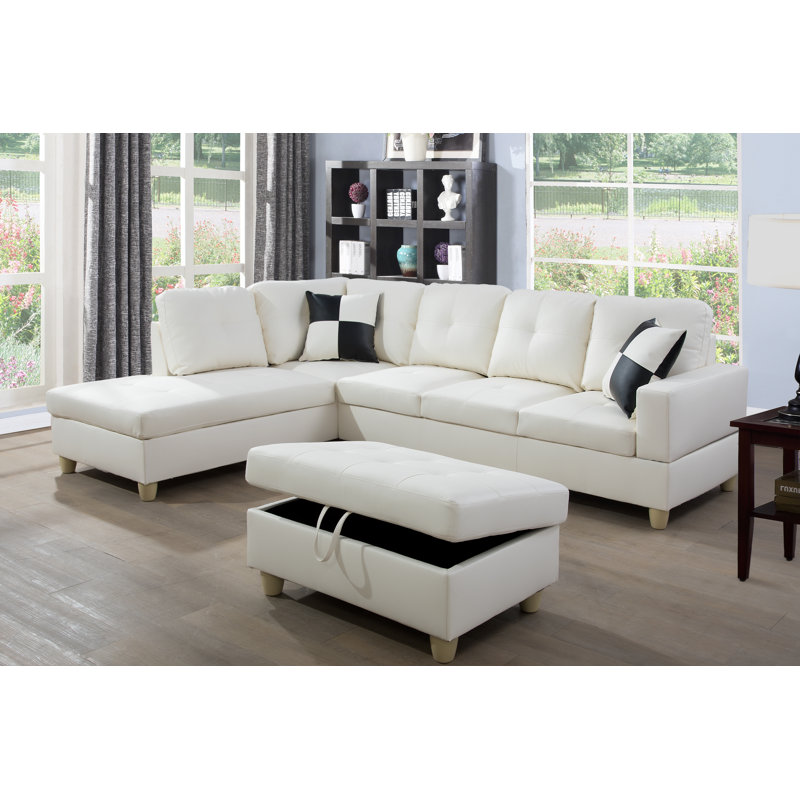 Canapé et canapé modulaire en similicuir faisant face à gauche avec repose-pieds, Similicuir blanc cassé, Blanc