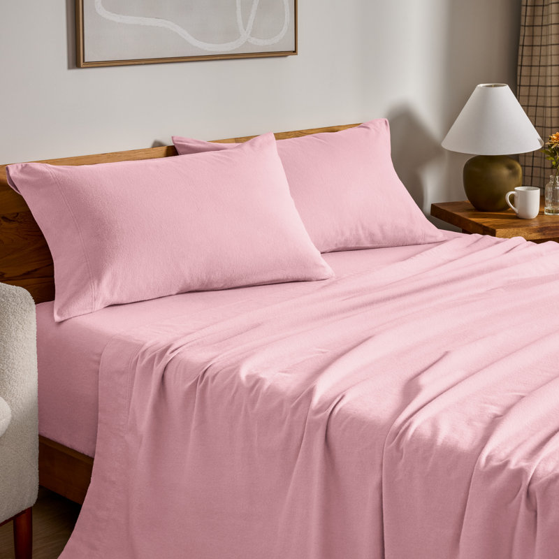 100% Cotton Flannel Sheet Set, Twin XL Sheet Set with 1 Pillowcase, Light Pink