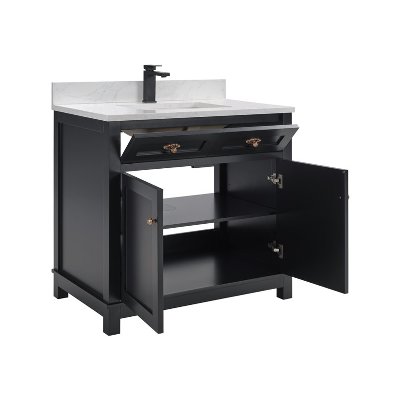 36" Solid Wood Bathroom Vanity with 1" Engineered Marble Top, Single Sink, Tricorn Black, Rose Gold