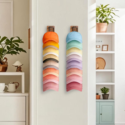 Ensemble de 2 casiers de rangement pour casquettes de baseball, support à chapeaux en bois et métal pour le mur, rangement pour 22 casquettes avec adhésif / perceuse murale solide pour porte, mur et garde-robe (brun)