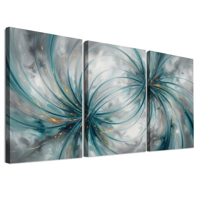 Ensemble de 3 toiles murales abstraites aux lignes tourbillonnantes turquoise et or
