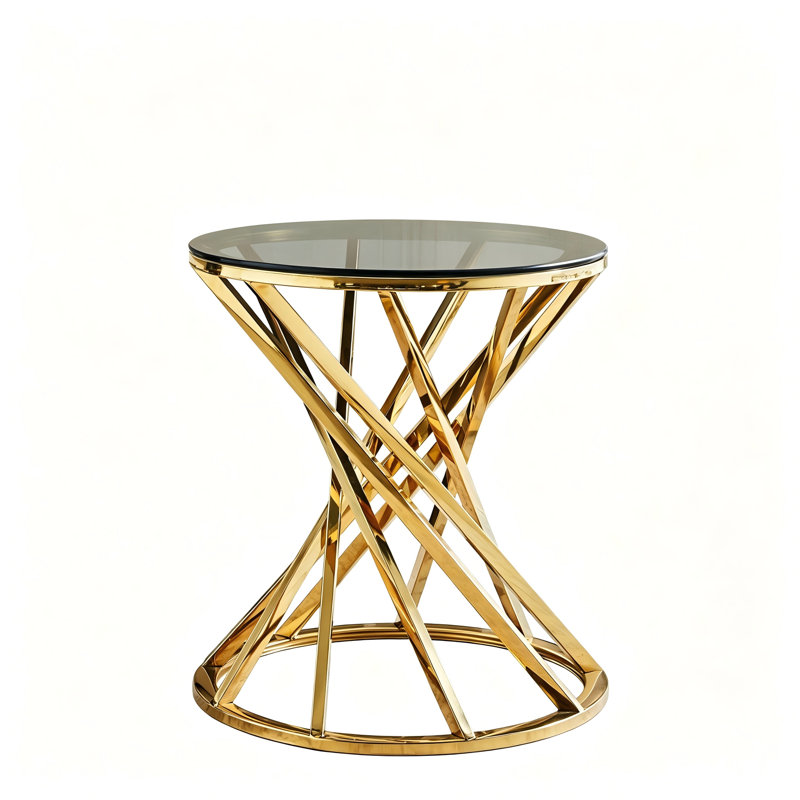 Round Side Table with Tempered Glass-Top and Twisted Geometric Metal Base , Gold