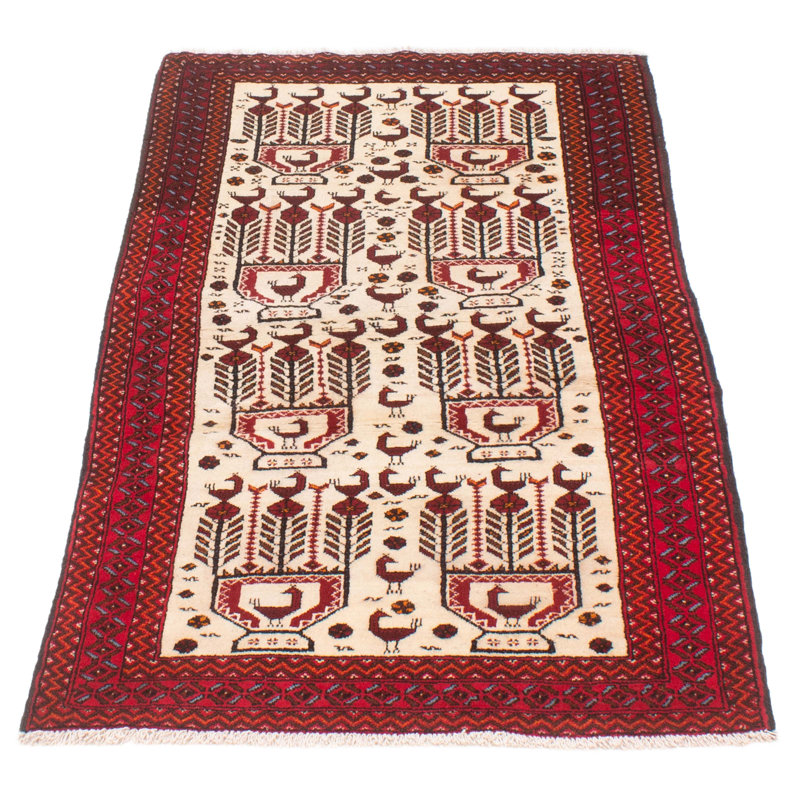 Tapis crème / rouge unique de 3 pi 4 po x 6 pi 4 po années 1990