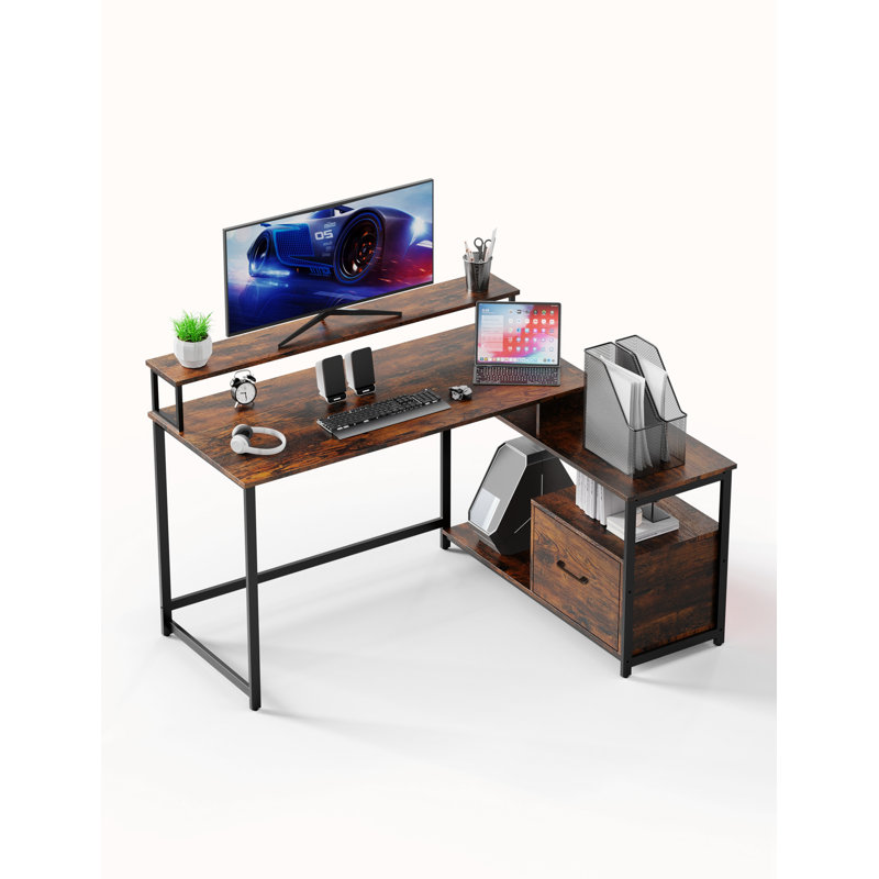 L-Shaped Metal Base Computer Desk, Rustic Brown, 29.92" H x 55" W x 39.4" W