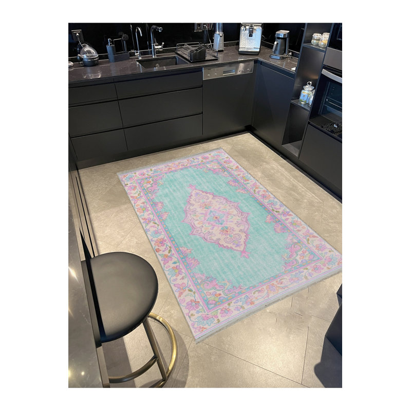 Tapis bleu tissé à envers lavable traditionnel Mosso, 3'3" x 4'11"