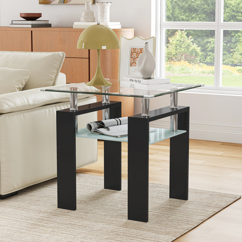 Table de bout carrée en verre trempé de 23,62 po Myrasol, rangement à 2 niveaux et structure en métal, pour le salon, la chambre à coucher
