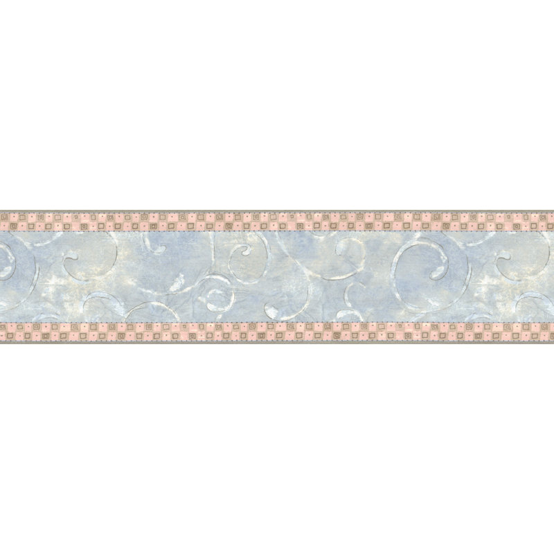 Bordure de papier peint pré-moulé - motif rétro damas bleu, gris, rose, 15 pi X 6,4 po