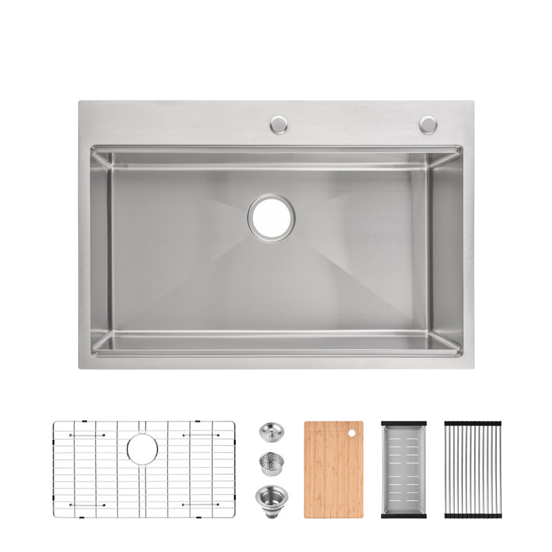 Évier de cuisine encastré en acier inoxydable, 33 x 22 pouces, une cuve, avec accessoires, gris brossé