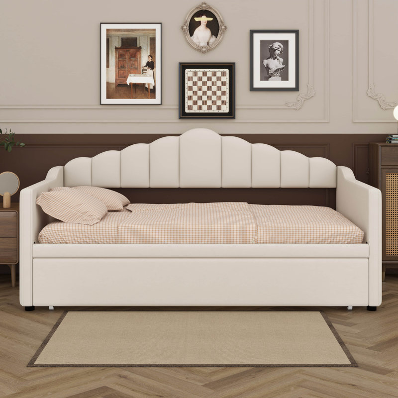 Twin Size Upholstered Daybed With Pop Up Trundle, Velvet Sofabed Frame With USB Charging Ports And 2 Side Pockets, Beige