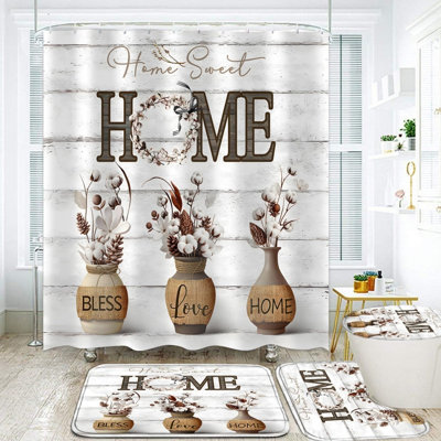 Farmhouse Wooden Board Vase 4 Piece Bathroom Ensemble with Shower Curtain