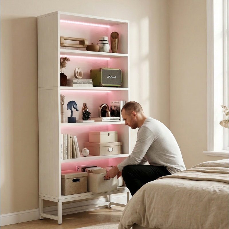 Bookcase With Adjustable Led Lights, 5 Tier Wood Bookshelf With Metal Support, White