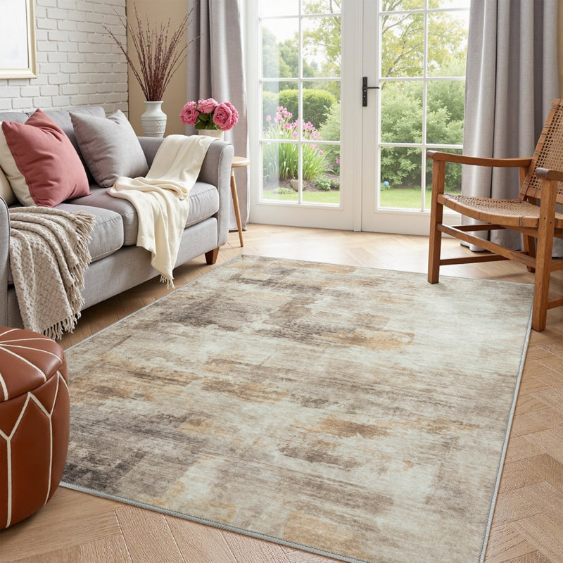 Tapis abstrait lavable à la machine avec envers antidérapant Amott, Brun gris, 0.28", Rectangle 5 pi x 7 pi