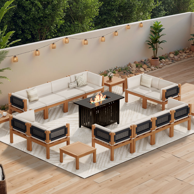 Patio Furniture outdoor acacia wood patio conversation sofa set with table, cushion, stove, porch furniture for deck, balcony, backyard