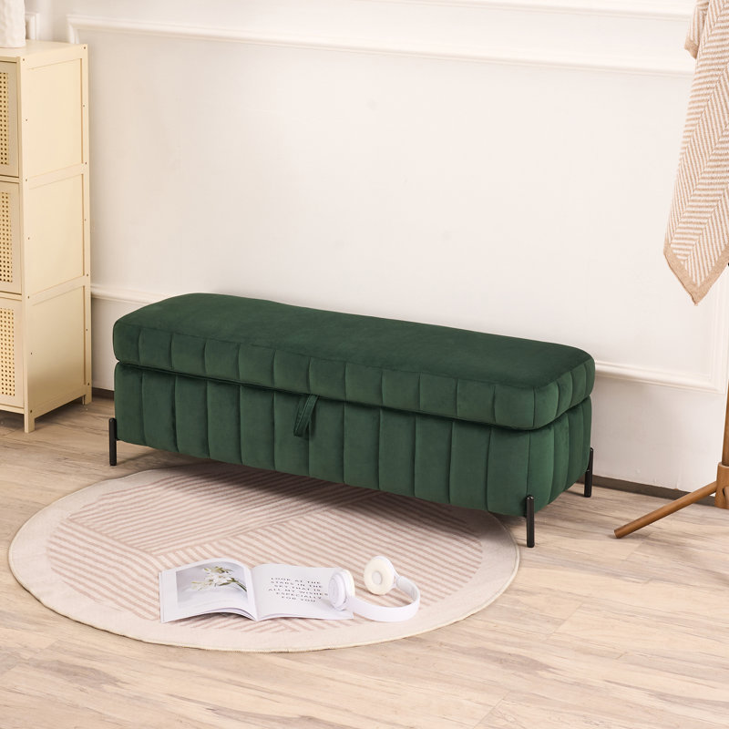 Banc de rangement rembourré en velours avec pieds en métal, idéal pour le salon, Vert