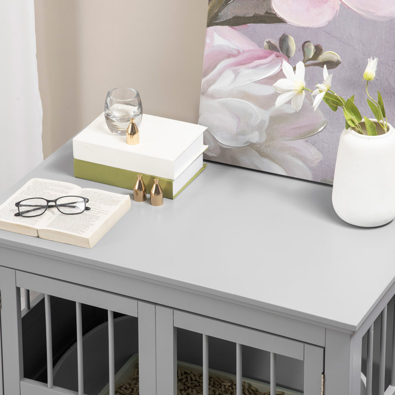 Triple Doors Small Dog Crate, And Functional, Grey Kennel End Table, For Dogs,