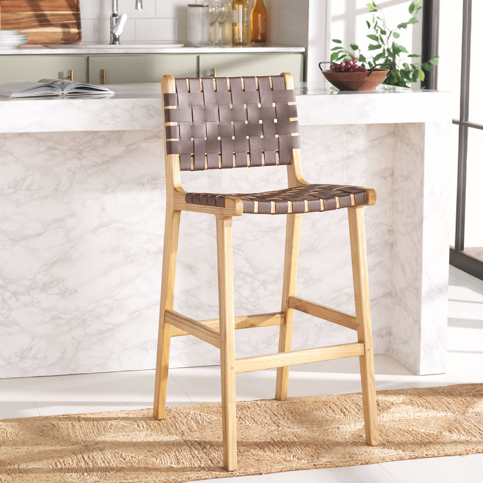 Alston Leather Stool, Cognac Leather/Natural Frame, Counter Stool (27.16" Seat Height)
