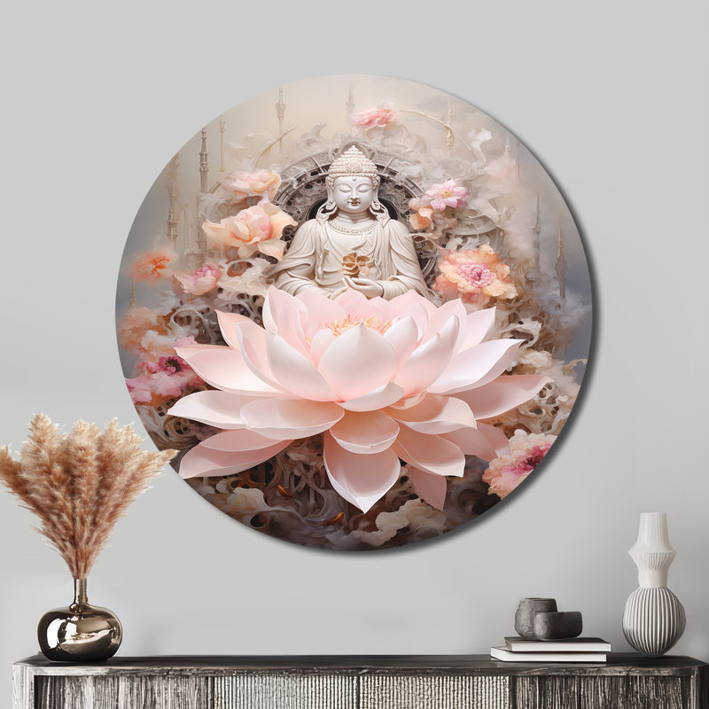 Bouddha rose, lotus de la sagesse - art spirituel rond en métal, H 29 po x l 29 po x P 1 po