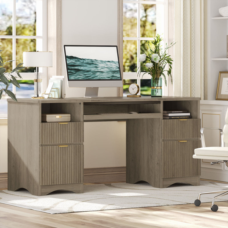 Luing 59''Fluted Executive Desks with File and Storage Drawers , Computer Writing Desk with Keyboard Tray, Home Office Desks with Cable Management and 2 Open Compartments