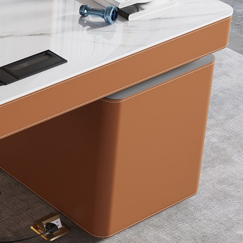 Bureau 5 tiroirs blanc + orange + or fritté rectangulaire + bois manufacturé + acier inoxydable, Retour à gauche