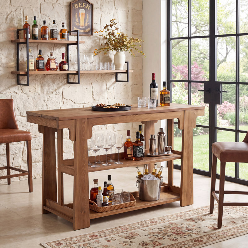 63-Inch Rectangle Solid Wood Counter Height Bar Table with Storage