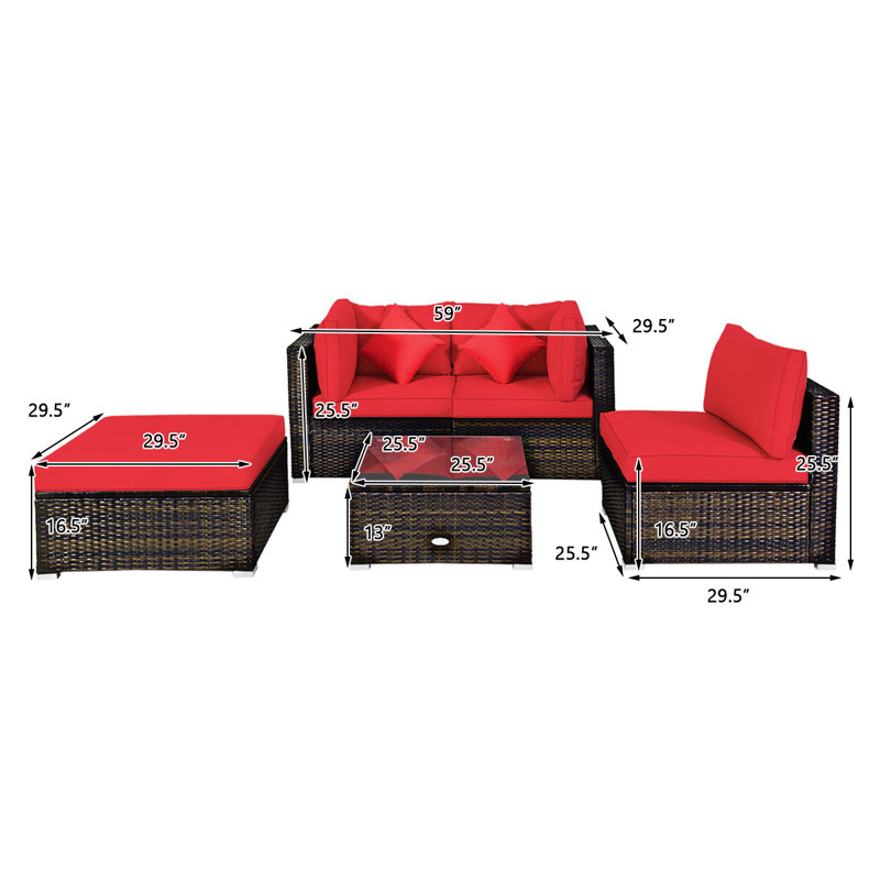 Ensemble de conversation modulaire en rotin 5 pièces avec coussins Eckfried, Rouge
