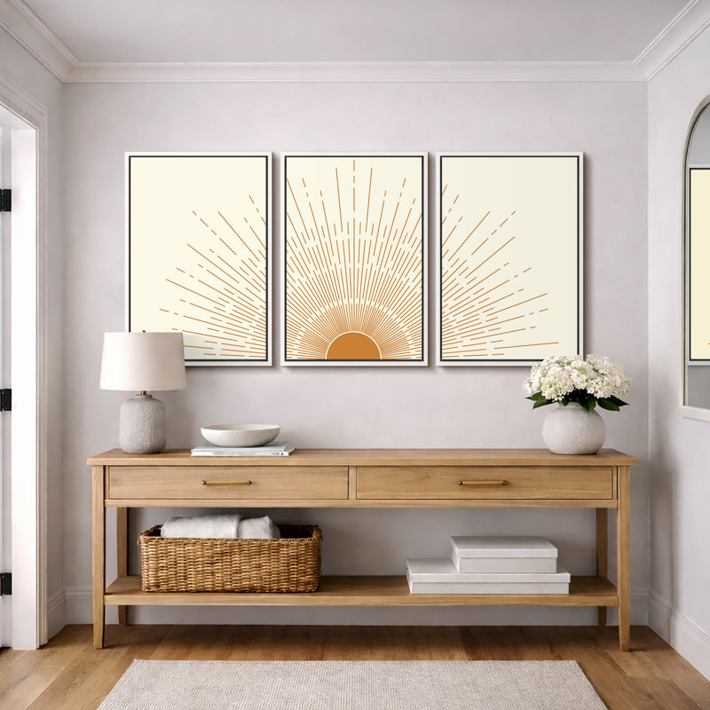 Bright Orange Boho Sun Burst Artwork, Mid-Century Modern Organic Minimalist Wall Pictures, Framed Canvas Giclée Print 3 Pieces Wall Art"