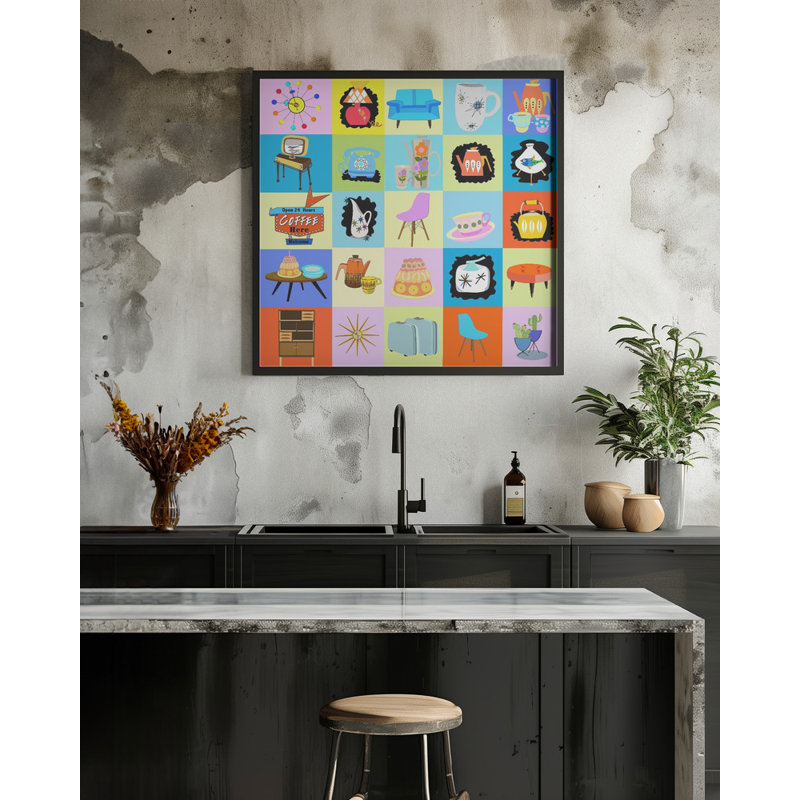 "Mid century pop", art mural texturé encadré, Noir, H 30 po x l 30 po