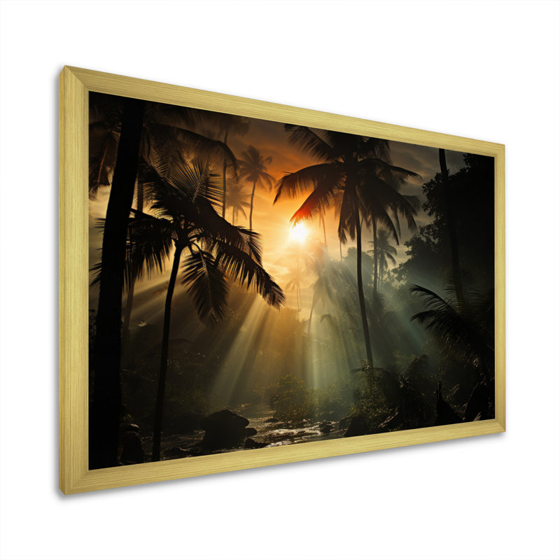 Palmiers Sunsert sur toile, H 34 po x l 44 po x P 1,5 po, Encadrement doré