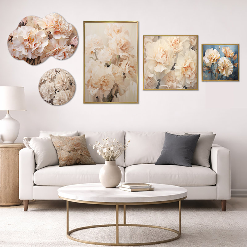 Arrangement IV avec œillets beige - ensemble de 5 grandes décorations murales en toile et en métal (100 po x 40 po)