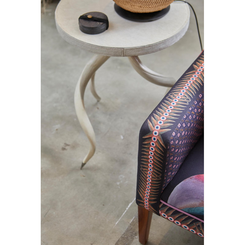 Polished Inner Horn End Table with Cream Cow Hide Top