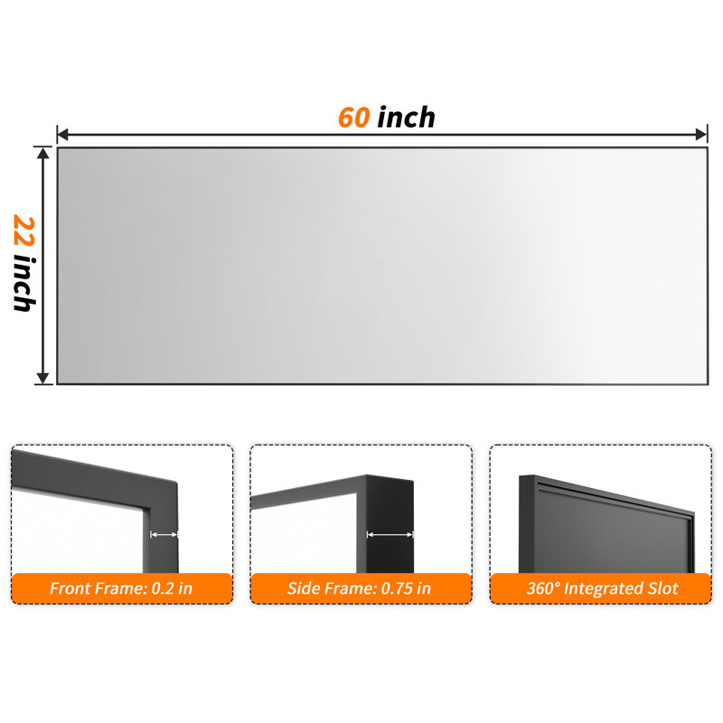 Miroir de salle de bain rectangulaire en aluminium lustré noir l 60 po x H 22 po, 60 po x 22 po