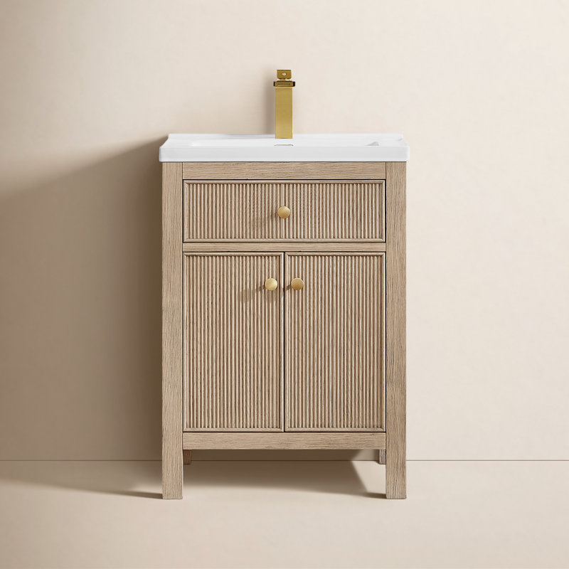 Lala 24" Single Bathroom Vanity with White Ceramic Integrated Sink without Mirror, Natural Oak