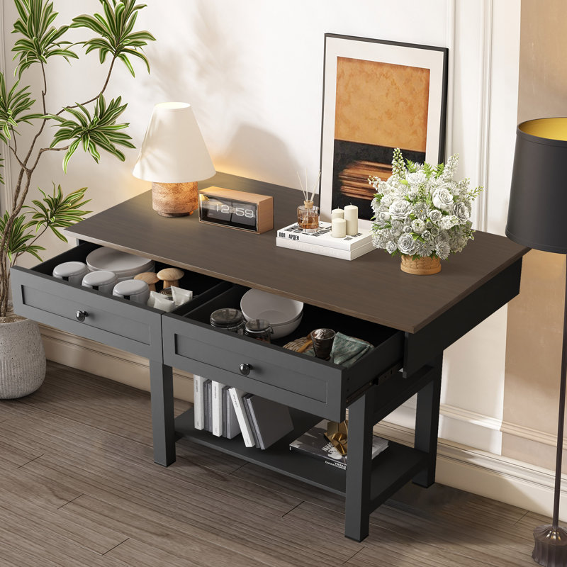 Elysium 52" Wood Console Table With Large Drawers And Open Shelves, Convertible Multi-Function Dining Table, Black