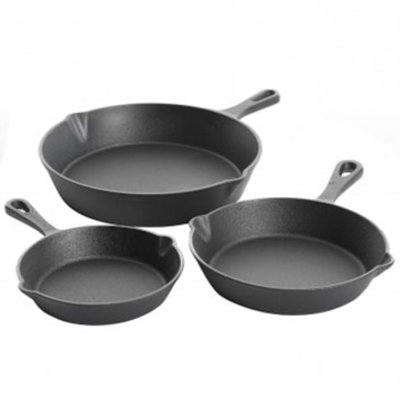 3-piece Pre-seasoned Cast Iron Skillet Set With Dual Spouts & Hanging Holes, Black