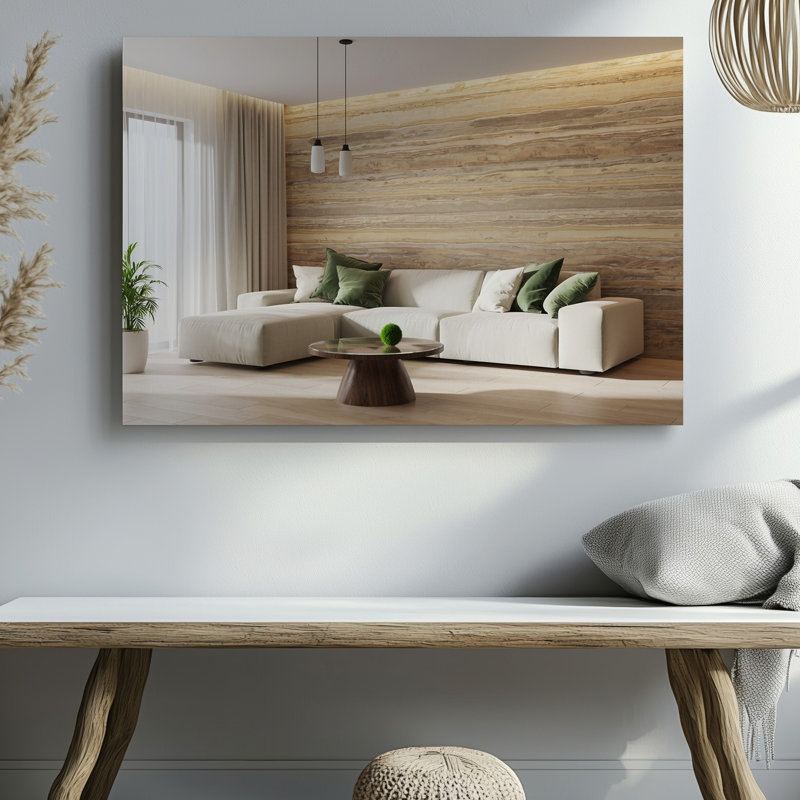 Reproduction d'art sur toile, un salon moderne avec un canapé modulaire beige clair orné de tendres coussins vert et blanc