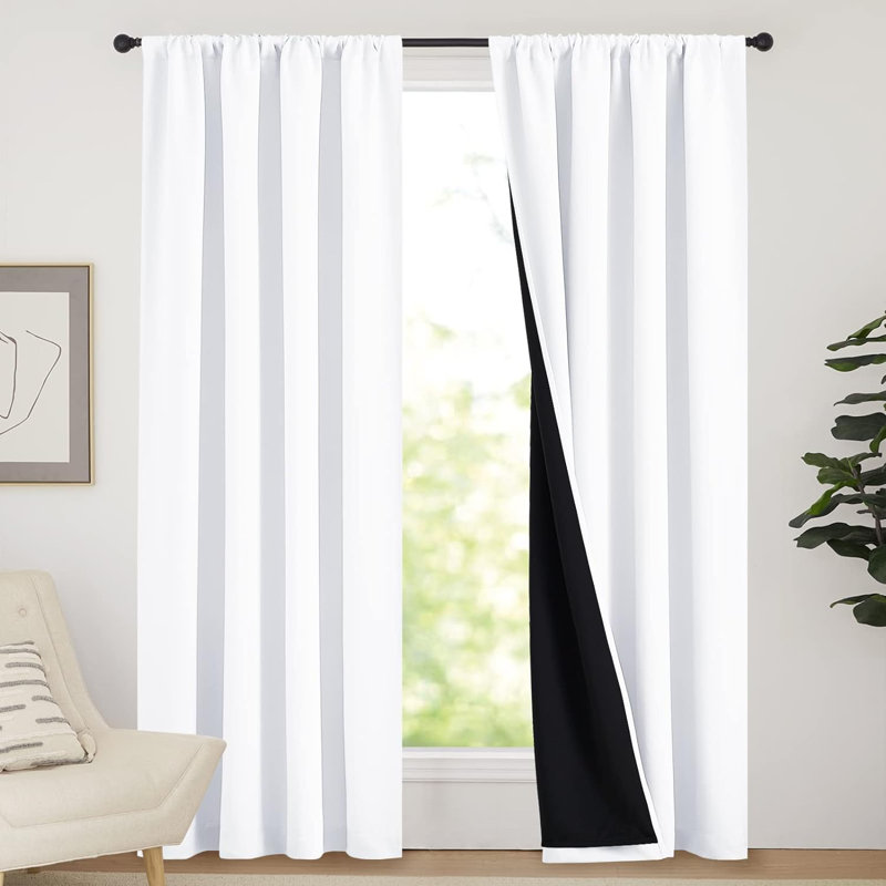 100% Blackout Curtains for Living Room, Privacy Protection & Noise Reducing Drapes, Black Lined Rod Pocket Window Treatment Curtain Panels, Set of 2