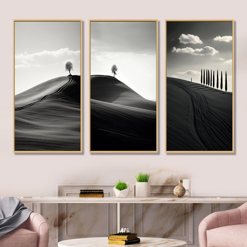 Paysage de désert noir et blanc, H 40 po x l 60 po, Cadre flottant brun