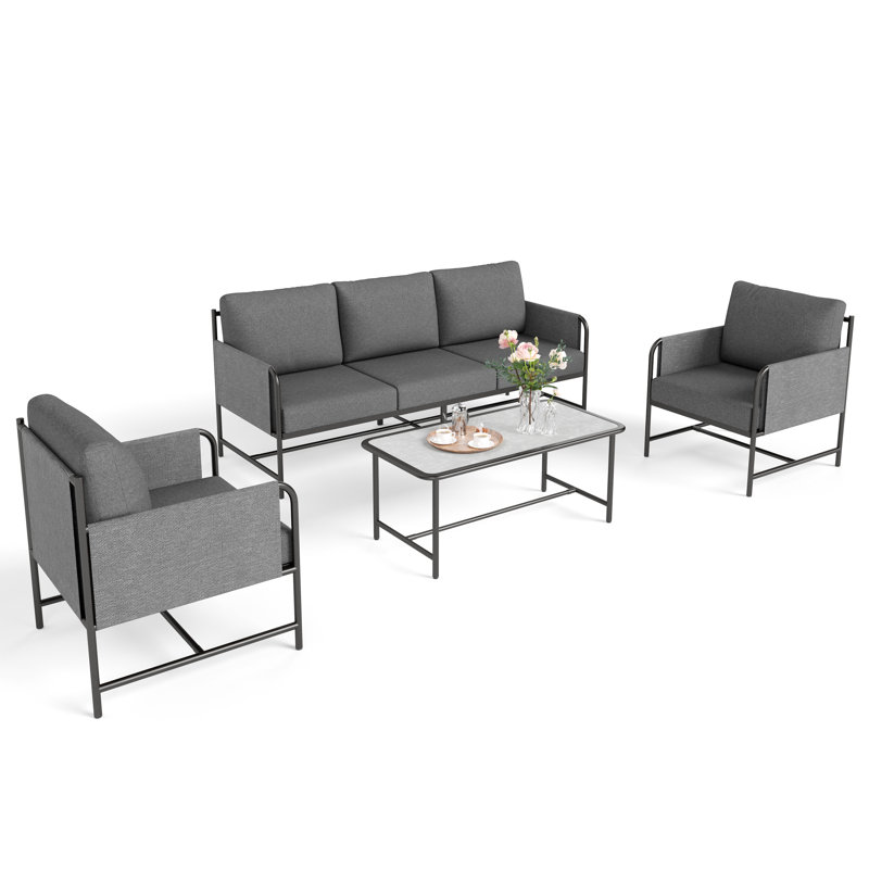 5 Seat Outdoor Patio Furniture Set Luxury Metal Cushioned Conversation Set with Cushions & Metal Coffee Table, Gray