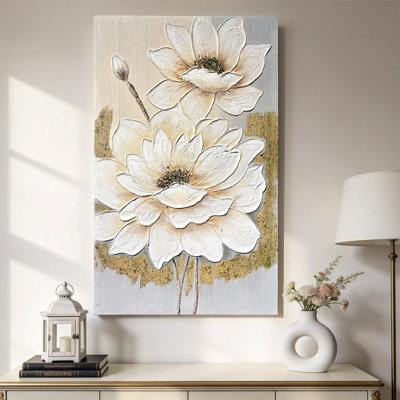 Tableau mural vertical neutre sur toile texturée à motif floral peinte à la main avec détails en feuille d'or,